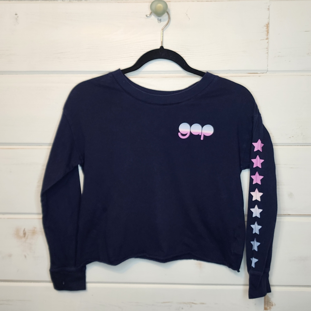 GAP Kids Navy Long Sleeve Crop Shirt with Star Sleeve Design Large